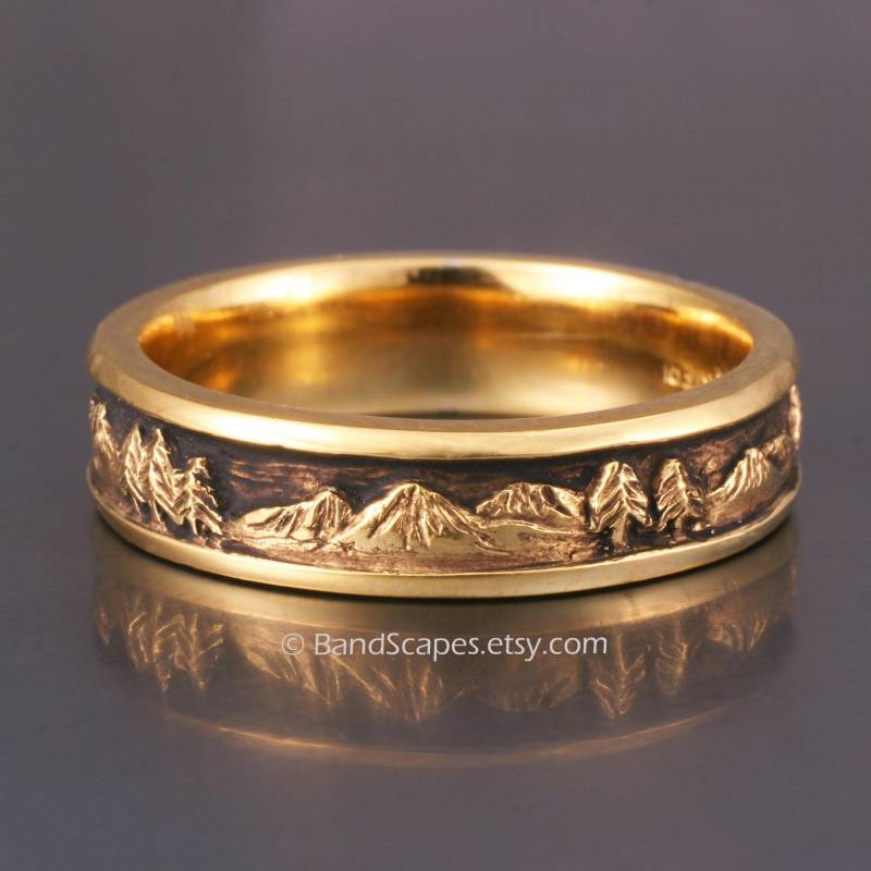 Berglandschaft Trauring, 5, 5 Mm Breit, in 14 Karat Gelb-, Rosé - Oder Weißgold, Pine Tree Ring, Kiefer, Berg Ehering von BandScapes