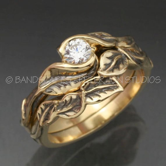 Gold Zartes Blatt Ehering Set - Verlobungsring Und Passender Ehering. Dieser Ring Mit Naturdiamant Besetzt von BandScapes