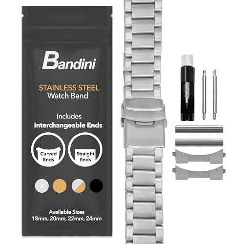 Bandini 20 mm Edelstahl-Uhrenarmband für Herren, 3 Glieder, Oyster-Armband, doppelte Faltschließe, silberfarben, 20 mm Bandini 20 mm Edelstahl-Uhrenarmband für Herren, 3 Glieder, Oyster-Armband, doppelte Faltschließe, silberfarben, 20 mm von Bandini