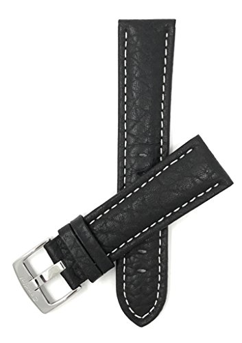 Extra Lang (XL) Leder Uhrenarmband 24mm für Herren, Schwarz, klassischer Stil, Büffelmotiv, mit weißer Naht, Schließe Edelstahl, auch verfügbar in braun und hellbraun von Bandini