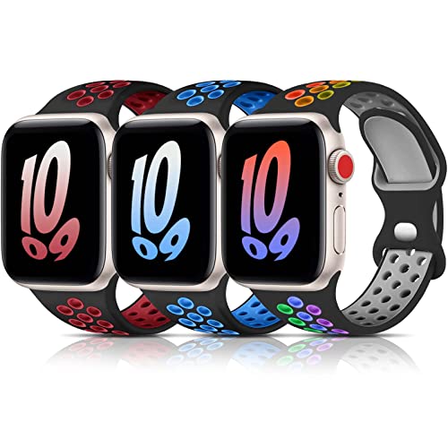 Bandkids 3 Stück Regenbogen-Armbänder kompatibel für Kinder, Apple Watch, Jungen, Mädchen, atmungsaktiv, weiches Silikon-Armband für Apple Watch Serie 8/7/6/5/4/3/2/1/SE, 38 mm, 40 mm, 44 mm, 45 mm von Bandkids