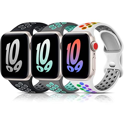 Bandkids 3 Stück Regenbogen-Armbänder kompatibel für Kinder, Apple Watch, Jungen, Mädchen, atmungsaktiv, weiches Silikon-Armband für Apple Watch Serie 8/7/6/5/4/3/2/1/SE, 38 mm, 40 mm, 44 mm, 45 mm von Bandkids