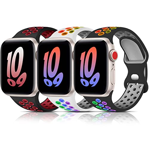 Bandkids 3 Stück Regenbogen-Armbänder kompatibel für Kinder, Apple Watch, Jungen, Mädchen, atmungsaktiv, weiches Silikon-Armband für Apple Watch Serie 8/7/6/5/4/3/2/1/SE, 38 mm, 40 mm, 44 mm, 45 mm von Bandkids