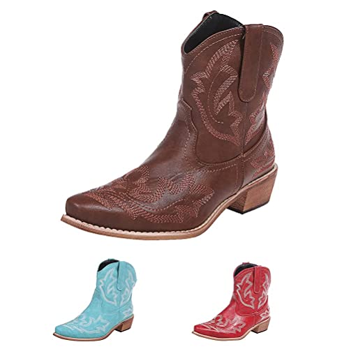 Bandkos Stiefeletten Damen Cowboystiefel Frauen mit absatz Chelsea Cowboy Boots Ankle Elegant Comfort Leder Rot Blau Braun Größe 35-42,BR39 von Bandkos