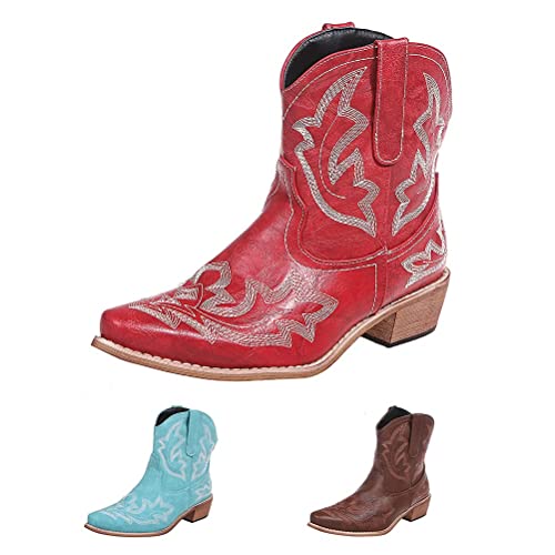 Bandkos Stiefeletten Damen Cowboystiefel Frauen mit absatz Chelsea Cowboy Boots Ankle Elegant Comfort Leder Rot Blau Braun Größe 35-42,RO40 von Bandkos