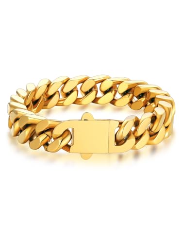 Bandmax 19CM Armband Herren Damen Edelstahl Ketten Gold 12MM breit Kubanische Kette Junge Schmuck Accessoire von Bandmax