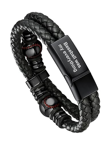Bandmax Personalisiertes Flechtarmband Schwarz Lederarmband für Männer Manschette Armkette 21cm Armreif mit Magnetverschluss Armteif aus Mikrofaser-Leder Geflochtenes Armband mit Baseball Accessoire von Bandmax