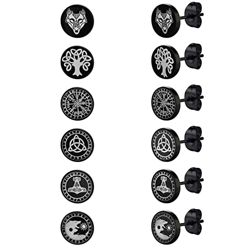 Bandmax 6 Paar Wikinger Ohrstecker Set Edelstahl Ohrstecker Ohrringe mit runder 10mm Platte Wikinger Ohrringset Kompass/Keltisches Dreieck/Thorshammer/Keltischer Wolfskopf Lebensbaum Mode Ohrschmuck von Bandmax