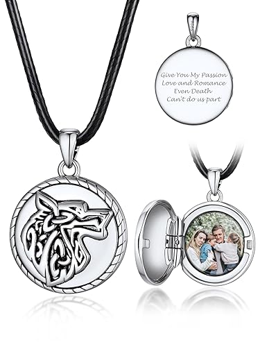 Bandmax 925 Silber Kette für Damen Wikinger Wolfskopf Anhänger mit Bild Medaillon zum Öffnen für Bilder Mädchen Halskette Fotokette Gravur Amulett Fotoanhänger Modeschmuck für Schwester Tochter von Bandmax