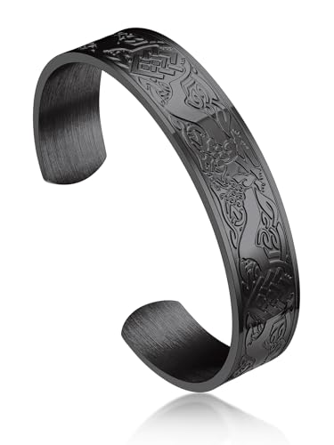 Bandmax Armband Offen Herren Armband Schwarz Edelstahl Armspange Viking Armband Keltisch Wolf Manschettenarmband Freundschaftsarmband Accessoires Wikinger Schmuck von Bandmax