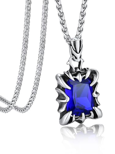 Bandmax Blauer Stein Kette Halskette Damen Herren Edelstahl Kette mit blauem Stein Panzerkette 55CM Stein Anhänger Kette Punk Kubanische Kette Mädchen Jungen Gothic Accessoires Schmuck von Bandmax