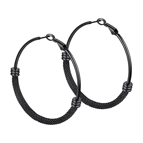 Bandmax Creolen Damenohrringe Runde Ohrringe Maschenrohr-Ohrringe in Schwarz, Außendurchmesser 60mm, Edelstahlohrringe mit Garnelenschnalle Ohrschmuck für verschiedene Kleidungsstile von Bandmax