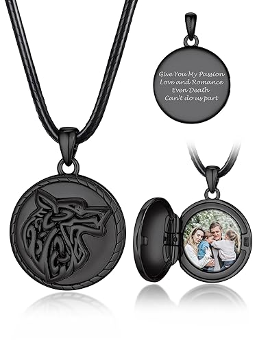 Bandmax Damen Foto Kette mit Gravur Wikinger Wolfskopf Anhänger mit Bild 925 Silber Halskette Medaillon zum Öffnen für Bilder Frauen Lederkette Amulett Rund Kettenanhänger Halsschmuck für Oma Opa von Bandmax