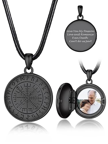 Bandmax Damen Halskette mit Foto Anhänger Medaillon zum Öffnen für Bilder Wikinger Kompass Anhänger mit Bild Amulett Kette Gravur 925 Silber Halskette mit Lederkette Halsschmuck für Muttertag von Bandmax