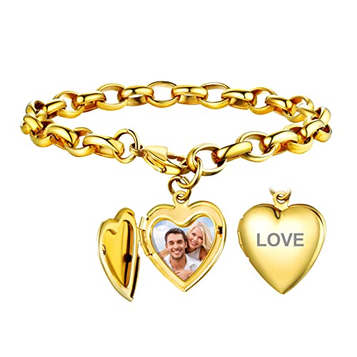 Bandmax Damen Herren Chunky Ankerkette mit Herz Charms 18k vergoldet Gliederarmband mit Foto Medaillon verstellbarer Armband Armschmuck für Geburtstag Weihnachten von Bandmax