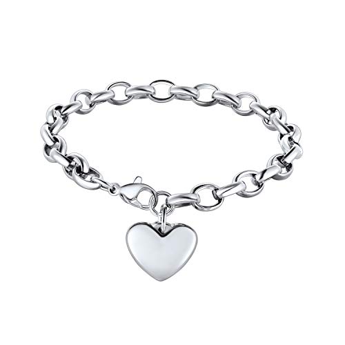 Bandmax Damen Armband 22cm Ankerkette Armband mit Herz Charm 316L Edelstahl Gliederarmband verstellbare Armkette Modeschmuck Geschenk für Valentinstag Weihnachten von Bandmax