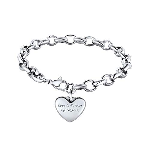 Bandmax Damen Armband 22cm Ankerkette Armband mit personalisiertem Herz Charm 316L Edelstahl Gliederarmband verstellbare Armkette Modeschmuck Geschenk für Valentinstag Weihnachten von Bandmax