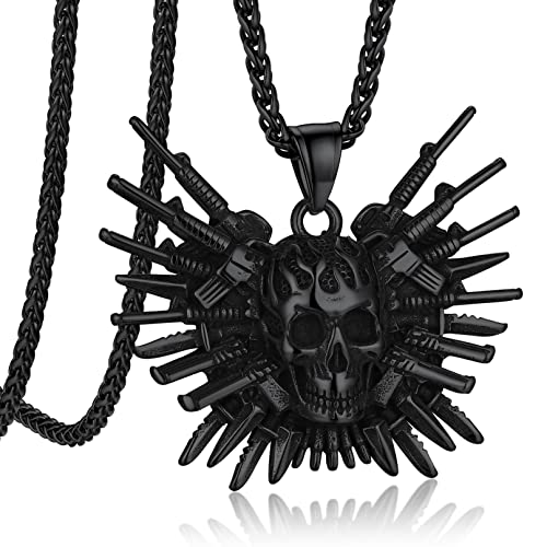 Bandmax Flamme Totenkopf Halskette Herren Anhänger Panzerkette Edelstahl Schwarz Totenkopf Kette Schädel Kette Piraten Kette Punk Piraten Accessoires Schmuck Länge 55CM+5CM von Bandmax