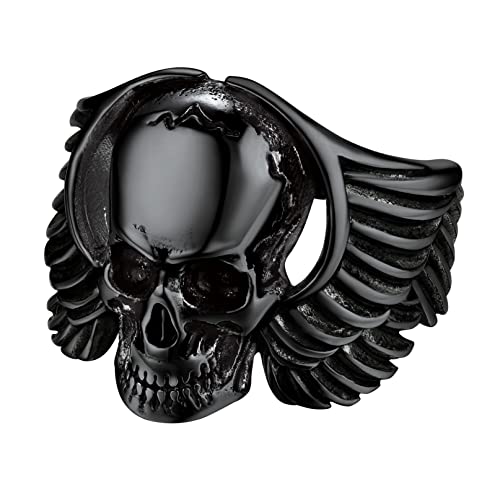 Bandmax Flügel Totenkopf Ring Schwarzer Ring Totenkopf Bandring mit Flügeln Gothic Siegelring Edelstahlring Punk Biker Ringe Fingerring Ringgröße 57 Schädel Ring Modeschmuck für Männer Jungen von Bandmax