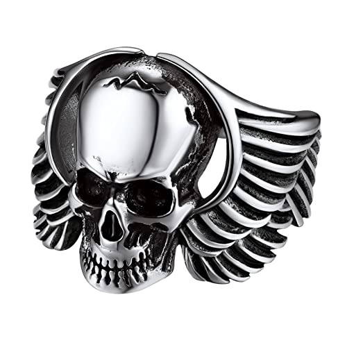 Bandmax Flügel Totenkopf Ring Totenkopf Bandring mit Flügeln Gothic Siegelring Edelstahlring Punk Biker Ringe Fingerring Ringgröße 67 Schädel Ring Modeschmuck für Männer Jungen von Bandmax