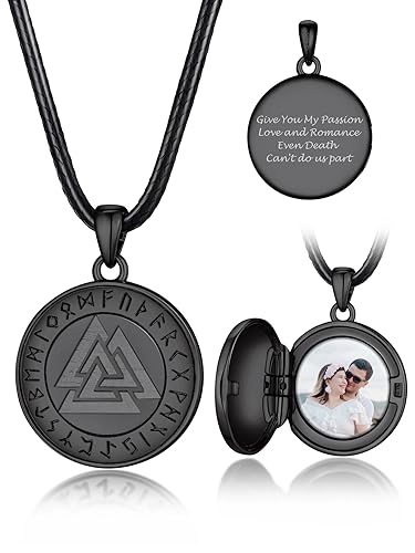Bandmax Foto Kette für Damen Medaillon zum Öffnen mit Bild Valknut Anhänger Halskette mit Bilder Fotokette mit Gravur Memorial Erinnerung Kettenanhänger Ledekette Halsschmuck für Ehefrau Ehemann von Bandmax