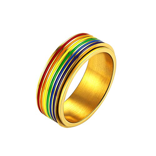 Bandmax Regenbogen Ring Lesbian Pride Spinner Ring Gold Drehring Größe 67 drehbarer Band Ring 7,8mm breit Herren Ehering Partnerring Verlobungsring Schmuck von Bandmax