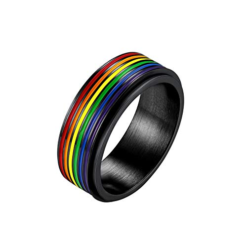 Bandmax Regenbogen Ring Lesbian Pride Spinner Ring Schwarz Drehring Größe 67 drehbarer Band Ring 7,8mm breit Herren Ehering Partnerring Verlobungsring Schmuck von Bandmax