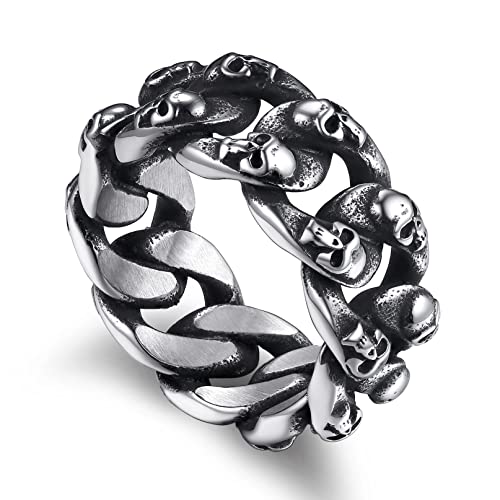 Bandmax Gothic Totenkopf Ringe Edelstahl Ringe Herren 10 MM Breite Bandring Ketten Fingerring Größe 69 Freundschaftsring Ring Schmuck Accessoires für Geburtstag von Bandmax