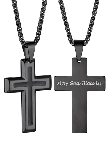 Bandmax Halskette Kreuz Herren Kubanische Kette Edelstahlkette Kreuz Kette mit Gravur Kette Jungs 55CM Kubanische Halskette Kette Schwarz Personalisierter Schmuck von Bandmax