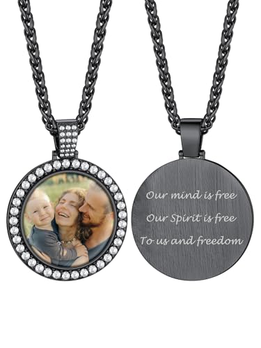 Bandmax Halskette für Herren Foto Anhänger Schwarz Fotokette mit Gravur Halskette mit Bilder Rundanhänger mit 5A+CZ Frauen Memorial Kettenanhänger Hip Hop Modeschmuck für Valentinstag von Bandmax