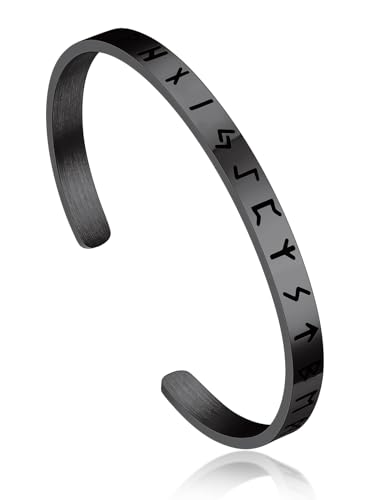 Bandmax Herren Armband Runen Armspange Schwarz Edelstahl Armband Offen Viking Armband 6MM breit Manschette Armband Armreif Freundschaftsarmband Accessoires Wikinger Schmuck von Bandmax