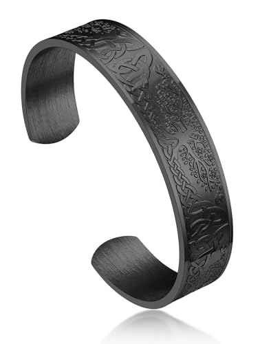 Bandmax Herren Armband Schwarz Edelstahl Armband Offen Armband Lebensbaum Keltisch Viking Armband 15MM breit Manschettenarmband Freundschaftsarmband Accessoires Wikinger Schmuck von Bandmax
