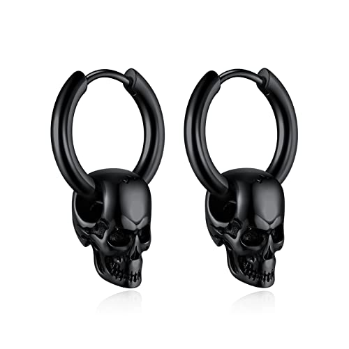 Bandmax Herren Damen Schwarze Totenkopf Ohrringe Totenkopf Ohrhänger Kreolen aus Edelstahl Creolen Schädel Hängeohrringe Moderner Schmuck Accessoire für verschiedene Anlässe von Bandmax