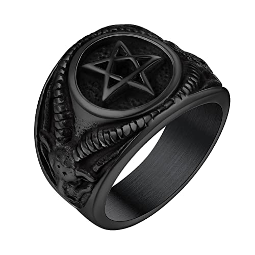 Bandmax Herren Jungen Pentagramm Ring mit Ziegenkopf Satan Pentagramm Ringe Ziegenkopf Ring Schwarzer Siegelring aus Edelstahl Ringgröße 54 Punk Stil Mode Ring Schmuck für Party Geburtstag von Bandmax