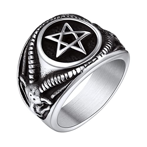 Bandmax Herren Jungen Pentagramm Ring mit Ziegenkopf Satan Pentagramm Ringe Ziegenkopf Ring Siegelring aus Edelstahl Ringgröße 64 Punk Stil Mode Ring Schmuck für Party Geburtstag von Bandmax