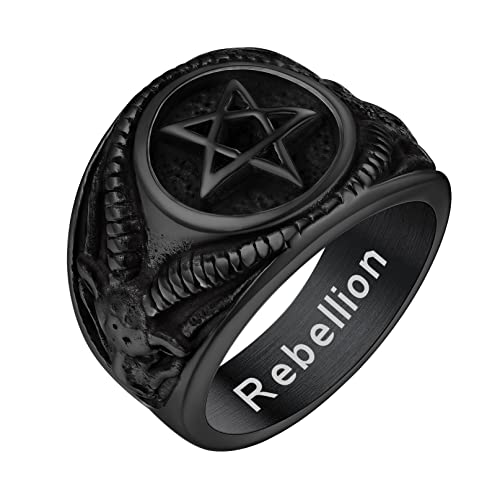 Bandmax Herren Jungen Personalisierter Pentagramm Ring mit Ziegenkopf Satan Pentagramm Ringe Ziegenkopf Ring Schwarzer Siegelring aus Edelstahl Ringgröße 64 Punk Mode Ring Schmuck von Bandmax