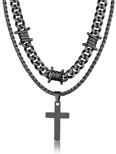 Bandmax Herren Layering Ketten Set Edelstahl 2 Halsketten Kreuzkette Herren Schwarz Dornen Panzerkette 40CM Stacheldrahtkette Kubanisch Kette 9mm Jungen Kreuzanhänger Doppelkette Schmuck für Ehemann von Bandmax