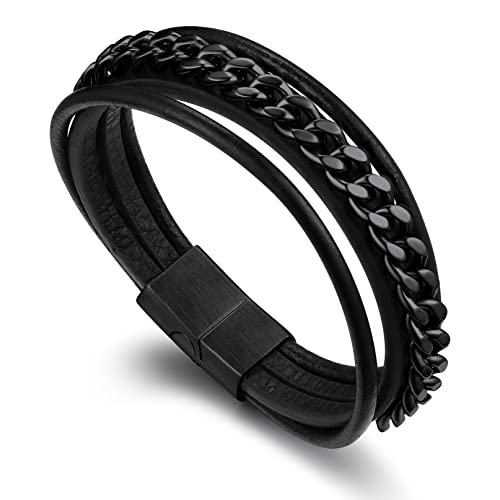 Bandmax Herren Lederarmband Edelstahl Panzerarmband Kubanisches Armband Länge 21 CM Schwarzes Manschettenarmband Panzerkette Armband Paare Schmuck für Vatertag Geburtstag von Bandmax