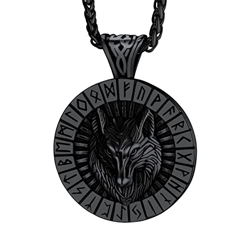 Bandmax Herren Runes Halskette Runder Plakettenanhänger Halskette Wolfskopf Plakette Kette Wikinger Halskette Schwarzes Halskettchen aus Edelstahl Futhark Halskette Modeschmuck von Bandmax