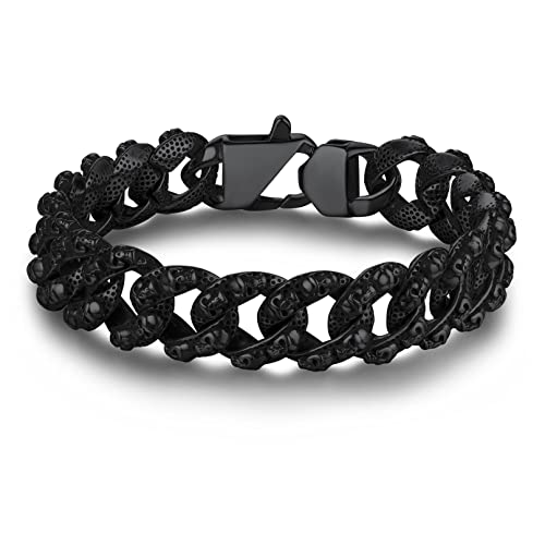 Bandmax Herren Totenkopf Armband Edelstahl Kubanisches Armband Länge 21 CM Schädel Panzer Gliederarmband Schwarzes Freundschaftsarmband Mode Schmuck für Jungen Bruder von Bandmax