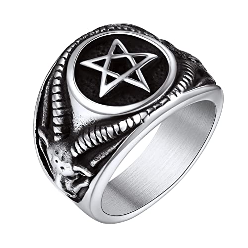 Bandmax Herrenring Fünfeckiger Stern Siegelring Pentagramm Bandring Ziegenkopf Fingerring Vintage Gothic Siegelring aus Edelstahl Ringgröße 72 Jungen Modeschmuck von Bandmax