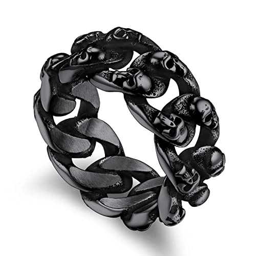 Bandmax Herrenring Totenkopf Ringe Edelstahl Ring Frauen Größe 67 Panzerkettenring Schwarzer Fingerring Bandring 10 MM Breite Partnerring Biker Gothic Ringe Totenkopf Schmuck von Bandmax