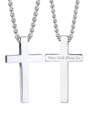 Bandmax Kette Kreuz Herren Edelstahl Kette mit Gravur Panzerkette Kette Kreuz Damen Kubanische Kette Jungs 55CM Kreuzkette Personalisierter Schmuck von Bandmax