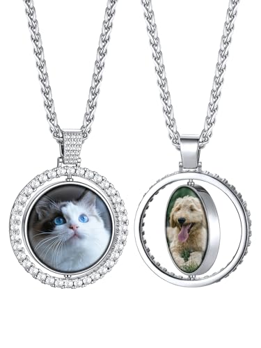 Bandmax Kette Personalisiert Damen Doppel Fotoanhänger mit Weizenkette Bild Halskette Kupfer Herren Rundanhänger mit Bild Foto Kette mit Zirkon Memorial Kettenanhänger Halsschmuck für Tochter von Bandmax