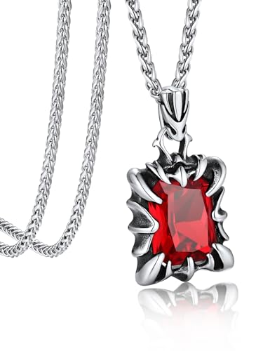 Bandmax Kette mit Stein Rote Kette Herren Damen Edelstahl Panzerkette 55CM Stein Anhänger Kette Halskette Satan Kubanische Kette Mädchen Punk Rubin Schmuck Gothic Accessoires von Bandmax