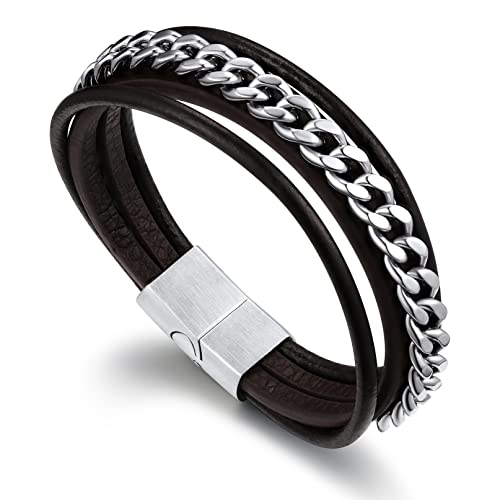 Bandmax Kubanisches Lederarmband Herren Panzerarmband Edelstahl Länge 19 CM Armband Leder Partnerarmbänder mit Magnetverschluss Schmuck Accessoires für Geburtstag Weihnachten von Bandmax