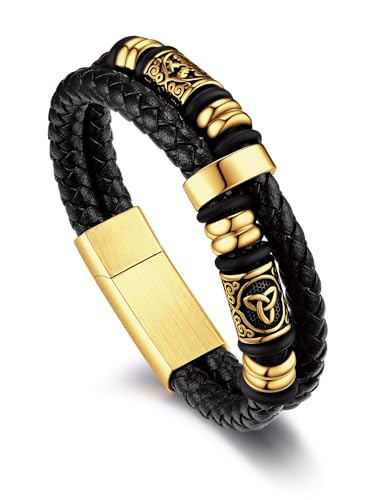 Bandmax Leder Armband Herren Wachsseil Armbänder 21cm Keltisches Lederarmband Gold Männer Wachsseilarmband Wikinger Amulett Armkette Geflochtenes Kunstlederarmband Gold Armschmuck für Bruder von Bandmax