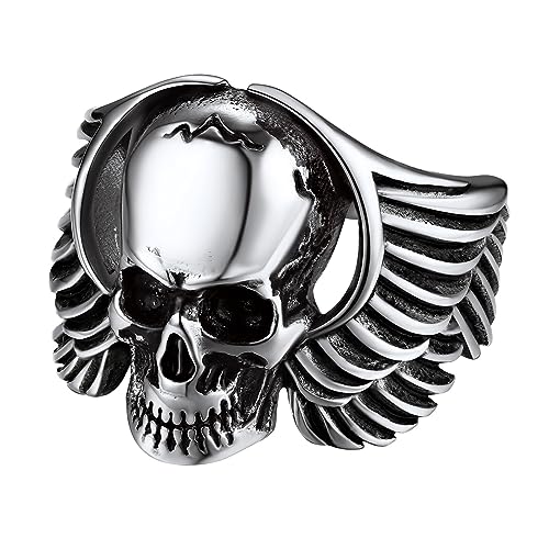 Bandmax Männer Jungen Personalisierter Flügel Totenkopfring Geflügelter Schädel Bandring aus Edelstahl Gothic Siegelring Totenkopf Fingerring Größe 69 Schädel Ringe Schmuck von Bandmax