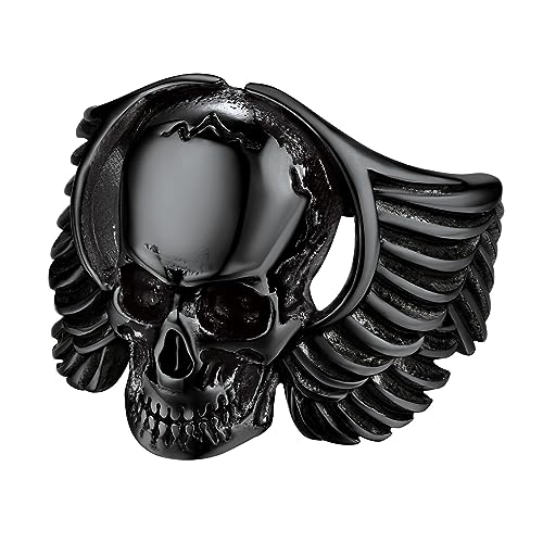 Bandmax Männer Jungen Personalisierter Flügel Totenkopfring Schwarzer Ring Geflügelter Schädel Bandring aus Edelstahl Gothic Siegelring Totenkopf Fingerring Größe 59 Schädel Ringe Schmuck von Bandmax