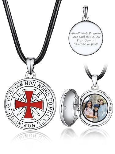 Bandmax Medaillon aufklappbar mit Kette Damen personalisiert Runde Anhänger mit Bild Halskette mit Lederkette Wikinger Tempelritter Kreuz Anhänger Fotokette Amulett zum Öffnen Schmuck für Geburtstag von Bandmax